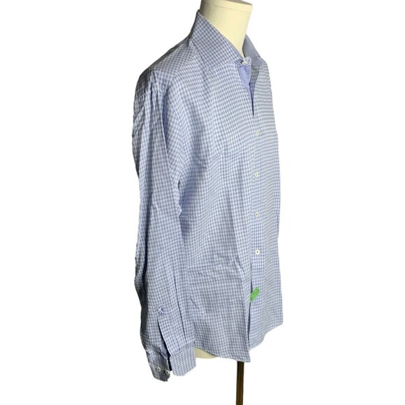 Bugatchi Shaped Fit Button Up Shirt L Blue White Checkered Long Sleeve Cotton - Picture 5 of 6